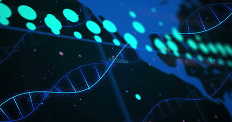 Image of dna strand digital data processing over world map