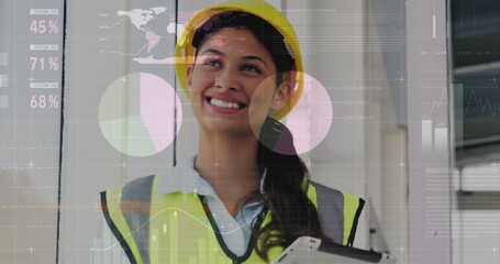 Image of financial data processing over biracial female architect using tablet in office