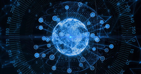 Image of connections, digital data processing over globe