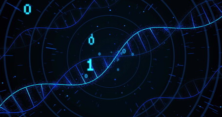 Image of dna strands and binary coding digital data processing