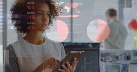 Image of financial data processing over biracial businesswoman using tablet in office