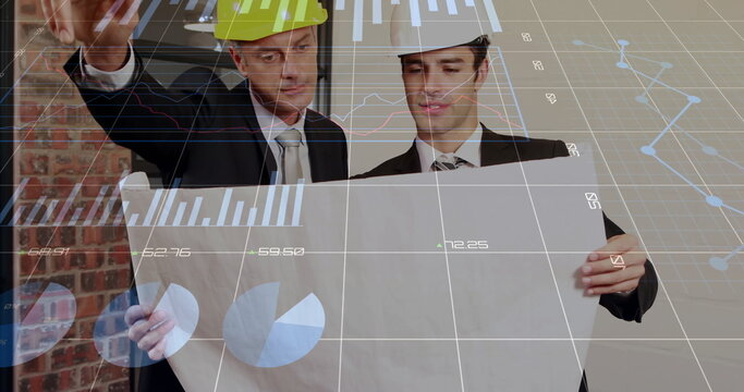 Image of financial data processing over diverse architects with plans - Powered by Adobe