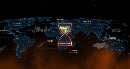Image of hourglass icon and digital data processing over world map