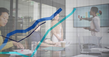 Fototapeta premium Image of financial data processing over diverse business people in office