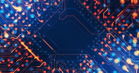 Image of network of glowing connections over circuit board on black background