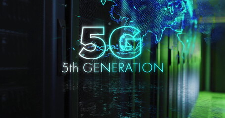 Image of 5g 5th generation text and digital data processing over computer servers