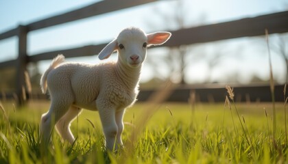 Obraz premium Baby lamb in a field near wooden fence at sunset.