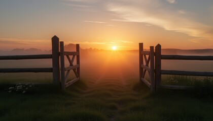 Obraz premium Open gate leading to a foggy sunrise over a countryside path.