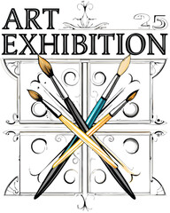 Design a classic art exhibit poster with paintbrushes as the central motif.  The poster should have a vintage aesthetic and evoke a sense of creativity and artistic expression.