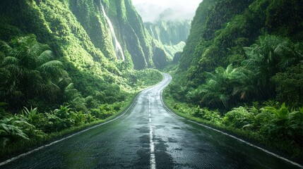 Rainy Road Through Lush Tropical Valley