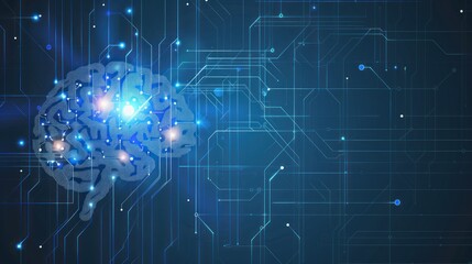 Glowing brain digital circuit; AI concept background