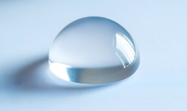 Clear glass hemisphere on light blue background.