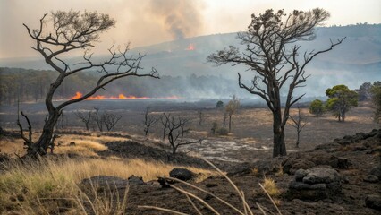 Obraz premium Canyon floor covered in volcanic ash with twisted trees and burning grasslands, twisted trees, burning grasslands, volcanic ash, canyon floor