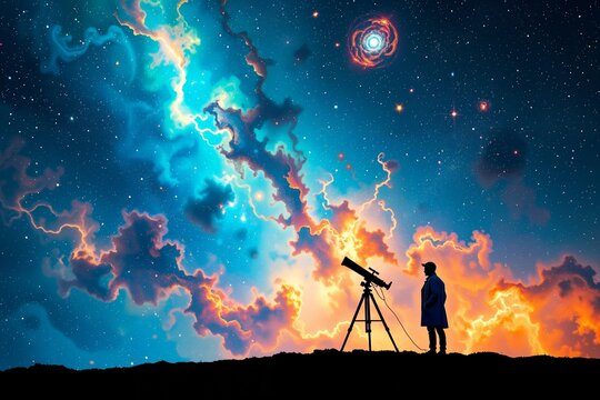 Der Schatten einer Person im Laborkittel steht am Rand einer leuchtenden kosmischen Nebelwolke, neben einem Teleskop. Das Universum erstreckt sich weitl&auml;ufig, symbolisiert Neugier und Wissensdrang.