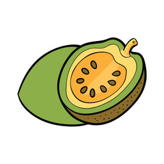 Cupuacu fruit, cut in half, reveals creamy white pulp with a smooth texture. The outer brown shell is thick, while the interior is packed with sweet, tangy, aromatic flesh.