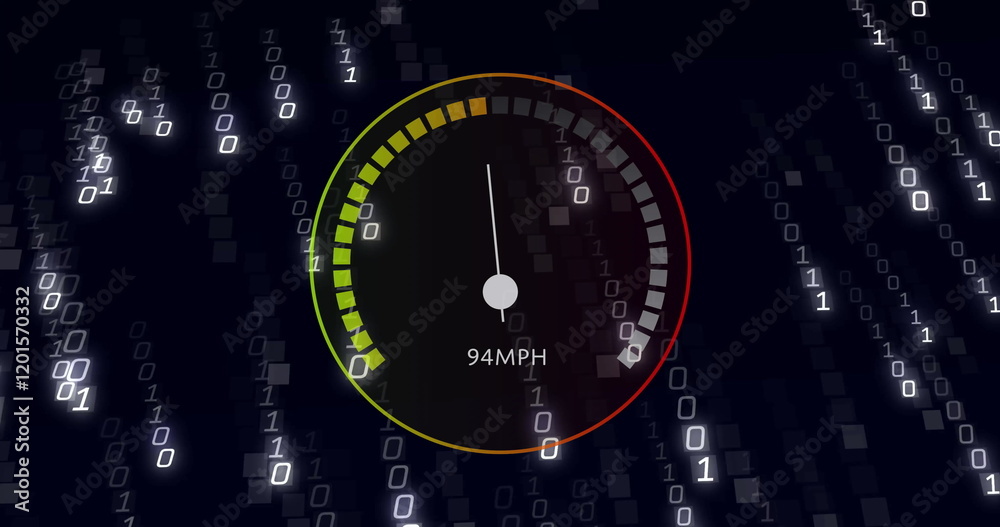 Poster image of speedometer over data processing on black background