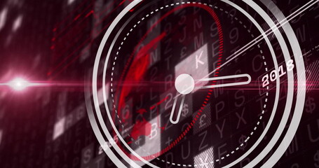 Image of moving clock over data processing and globe on black background