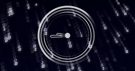 Image of moving clock over data processing on black background