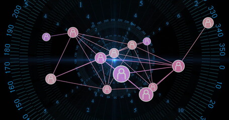 Image of network of connections with icons over data processing on black background