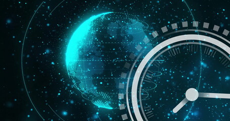 Image of moving clock over globe and light spots on black background