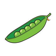 A vibrant green pea pod cut in half, revealing shiny, round peas nestled inside. The peas are smooth, fresh, and glistening with a natural, dewy sheen.