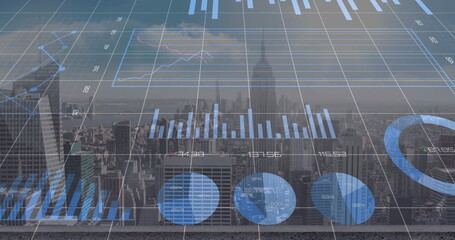 Image of financial data processing over cityscape