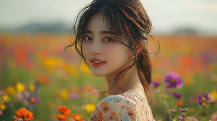 Naklejka premium Korean woman smiling in romantic moment at beautiful colorful flower field