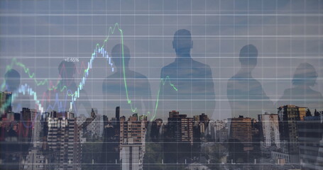 Image of financial data processing over businesspeople and cityscape