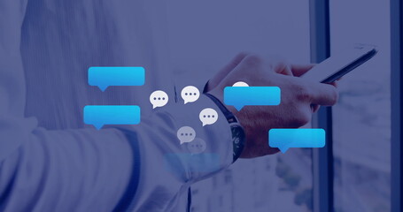 Image of digital icons processing over caucasian businessman using tablet