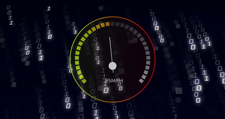 Image of speedometer over data processing on black background