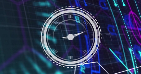 Image of moving clock over scope scanning on black background