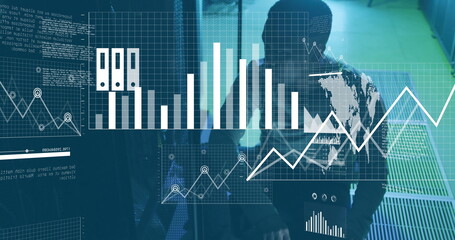 Image of diagrams and data processing over biracial male worker in server room