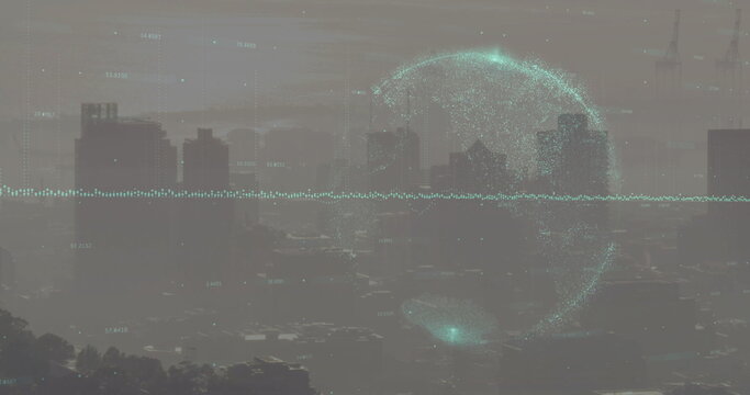 Image of globe and financial data processing over cityscape