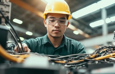 Focused Worker in Yellow Hard Hat and Safety Glasses Working on Electrical Equipment in Factory Setting