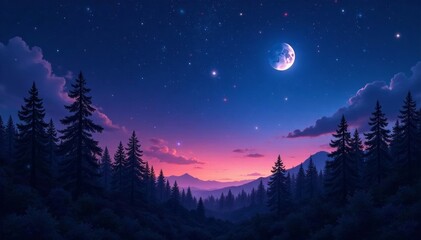 Fototapeta premium A serene night sky filled with stars and a bright moon over mountains and trees.