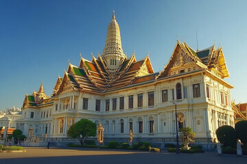 Naklejka premium explore the elegance of dusit palace in bangkok: a landmark showcasing traditional thai royal architecture with white and golden spires