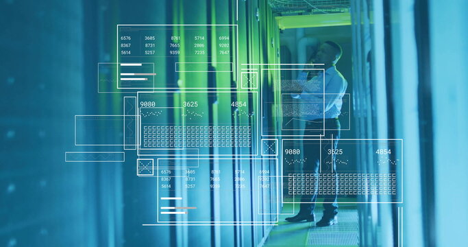 Image of diagrams and data processing over biracial male worker in server room