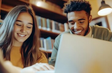 Young Diverse Students Engaged in Collaborative Learning at Library with Laptop and Books Surrounding Them