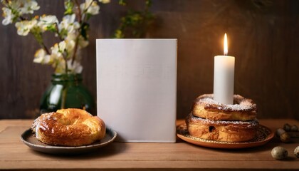 A blank white magazine cover stands prominently next to festive treats and a candle, evoking the warmth of a Spanish Easter celebration filled with rich culture and tradition