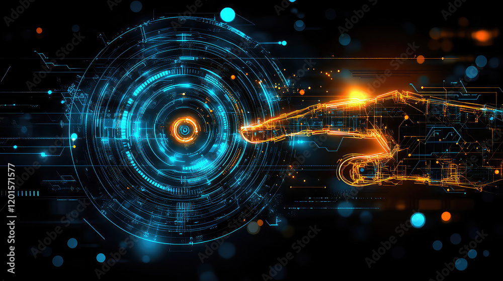 Wall mural hand touch digital hud interface futuristic technology background of virtual computer screen display