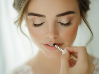 Fototapeta premium Bride getting natural makeup applied on wedding day