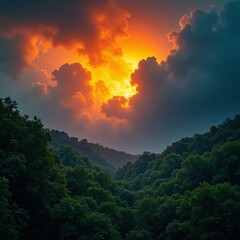 Fototapeta premium A breathtaking sunset painting the mountains and trees in vibrant hues of orange and blue.