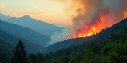 A breathtaking view of a forest fire engulfing mountains during sunset.