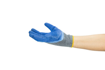 Worker showing outstretched palm gesture - offering or begging concept. Male hand wearing working glove isolated on white background with clipping path.