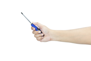 Male hand holding a blue screwdriver isolated on white background with clipping path.