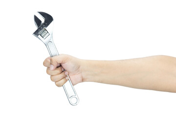 Man hand holding adjustable wrench isolated on white background with clipping path.