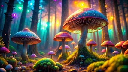 Surreal Psychedelic Liberty Cap Mushrooms in Vibrant Forest Scene