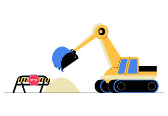 Excavator Moving Sand Near Construction Barricade With Stop Sign In Flat Vector Illustration Symbolizing Construction Work, Safety, And Industrial Equipment, Isolated On White Background