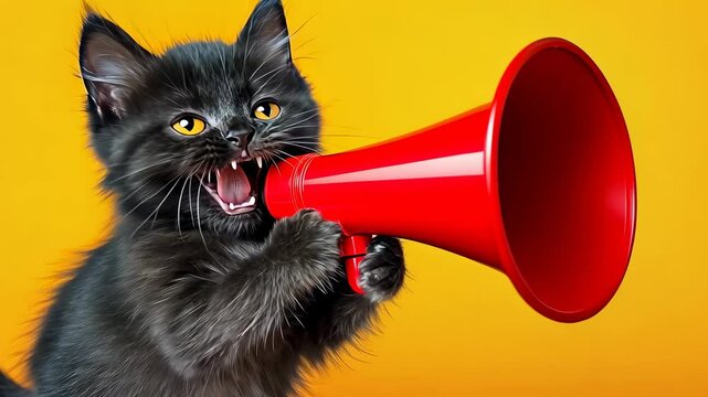 Kitten shouting red megaphone.Small black cat announces loudly.Studio,vibrant yellow background.Noise,attention,and cuteness abound.Tiny feline amplifies message.Playful scene audible charm.