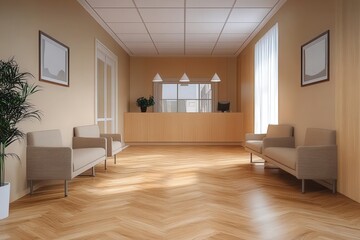 Fototapeta premium Modern Beige Waiting Room with Wooden Flooring, Minimalistic Design and Comfortable Seating for Office Environment